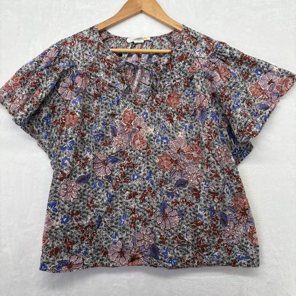 C & C California Women's‎ Sz Large Tunic Top Cotton Ruffled Short Sleeves Floral